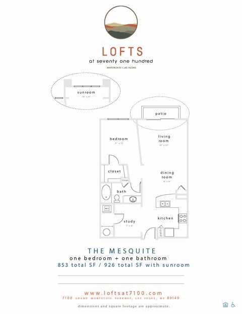 Floor plan for 1 bed, 1 bath, 926 sqft
